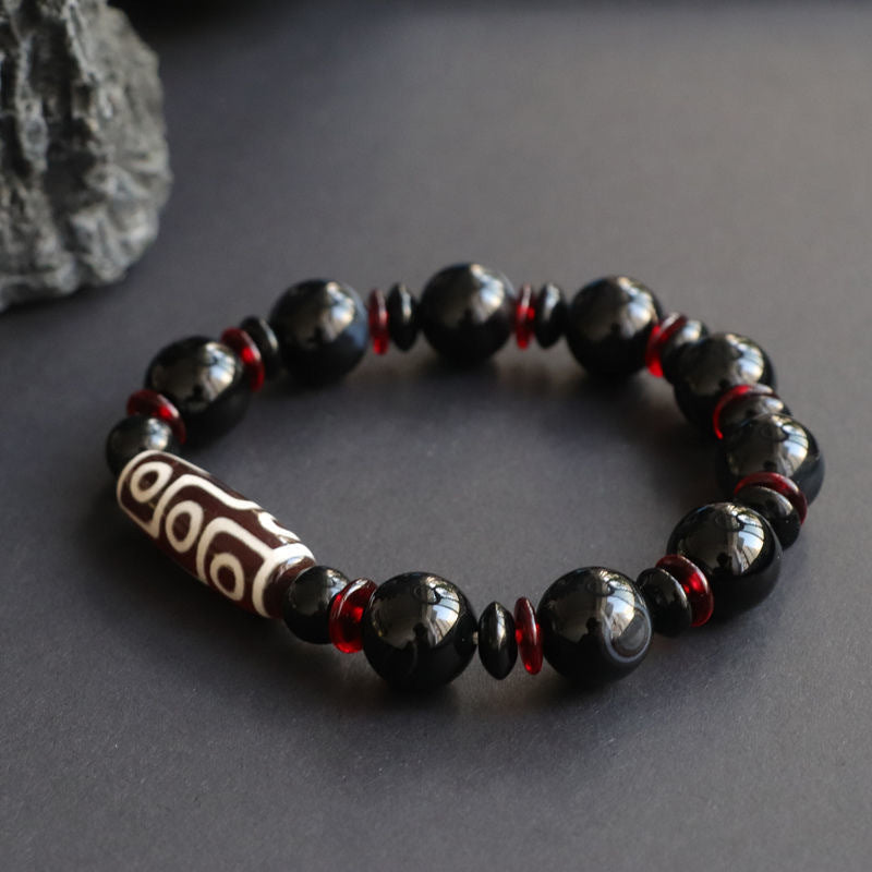Fortune Jewel Black Onyx Nine-Eye Dzi Bead Wealth Protection Bracelet