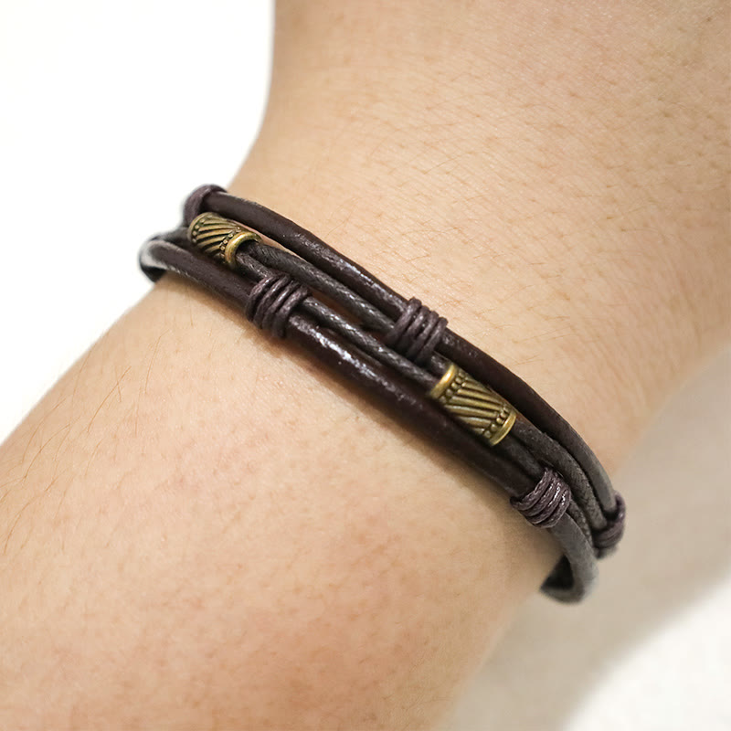 Fortune Jewel Vintage Leather Wrist Band Brown Rope Layered Bracelet Bangle