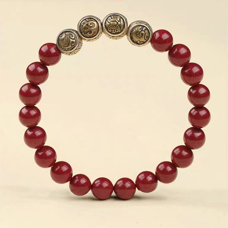 Fortune Jewel 925 Sterling Silver Natural Cinnabar Four Beasts Blessing Bracelet