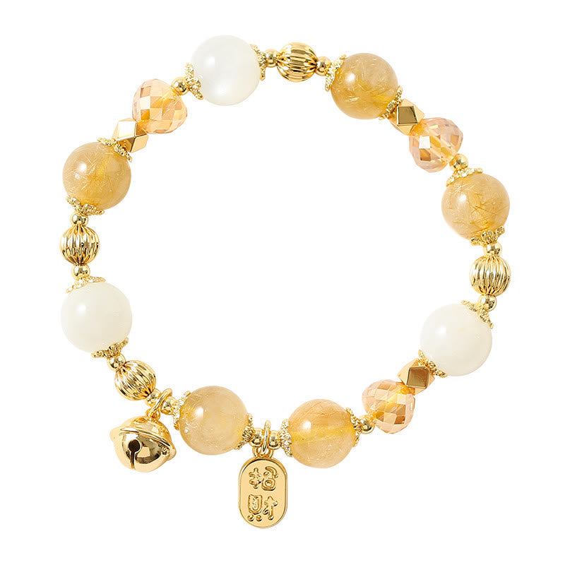 Fortune Jewel 14K Gold Plated Golden Rutilated Quartz Wealth Bell Lucky Fortune Charm Bracelet