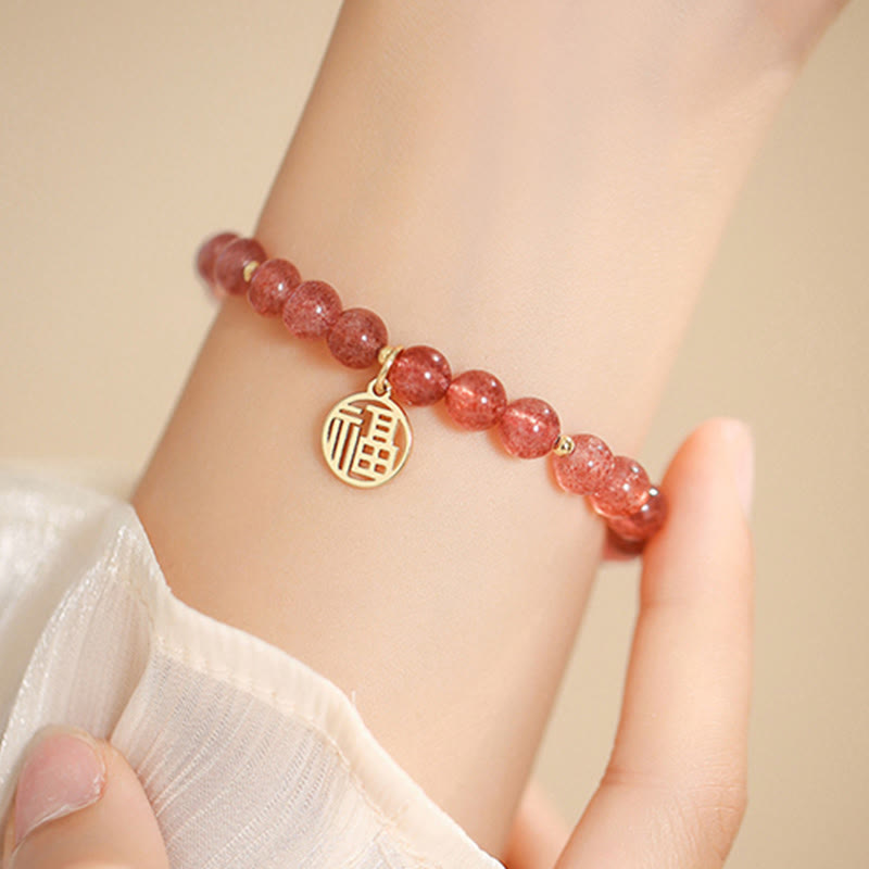 Fortune Jewel 14K Gold Plated Strawberry Quartz Fu Character Healing Charm Bracelet