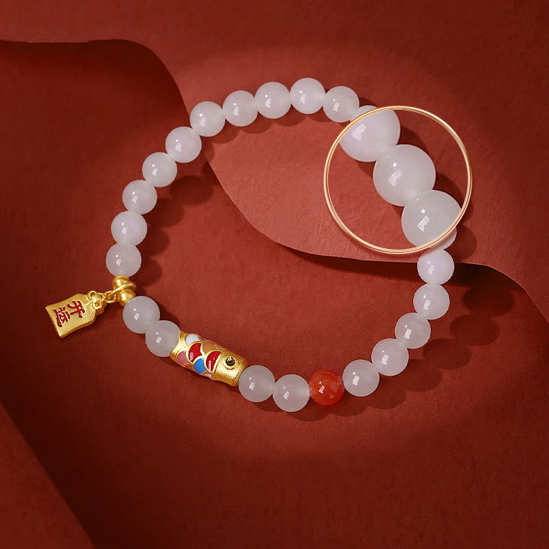 Fortune Jewel 925 Sterling Silver Hetian White Jade Red Agate Koi Fish Luck Happiness Bracelet