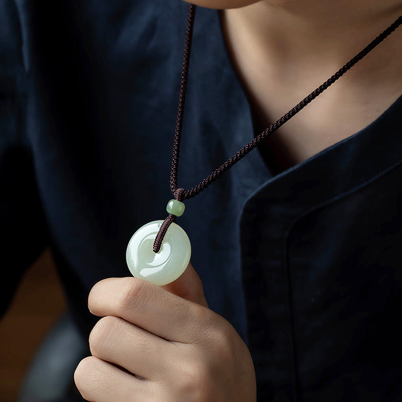 Fortune Jewel Natural Round Jade Peace Buckle Luck Prosperity Necklace Pendant