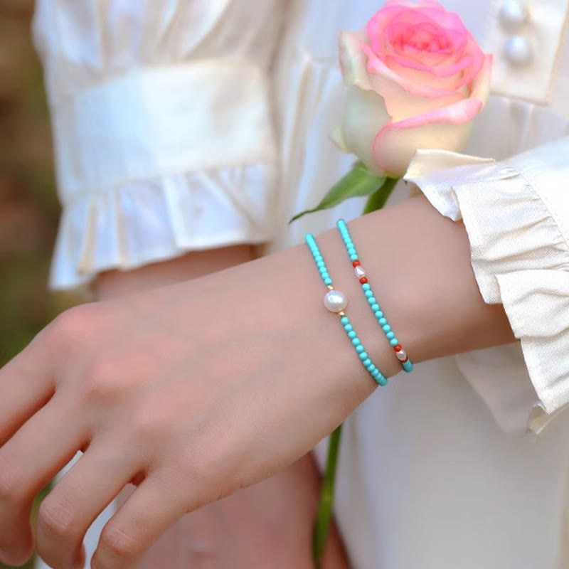 Fortune Jewel Turquoise Red Agate Pearl Small Beaded Protection Bracelet