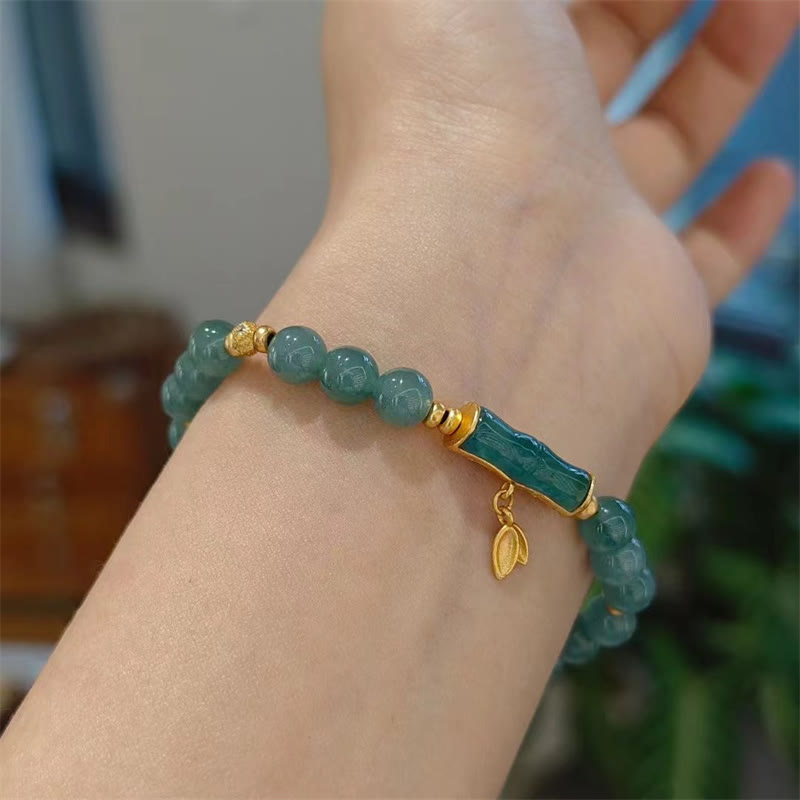 Fortune Jewel 925 Sterling Silver Plated Gold Natural Green Jade Bamboo Charm Luck Bracelet