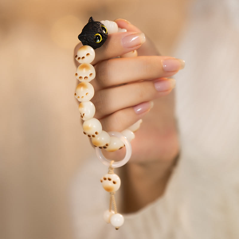 Fortune Jewel Natural Bodhi Seed Red Sandalwood Lovely Paw Lucky Cat Peace Bracelet