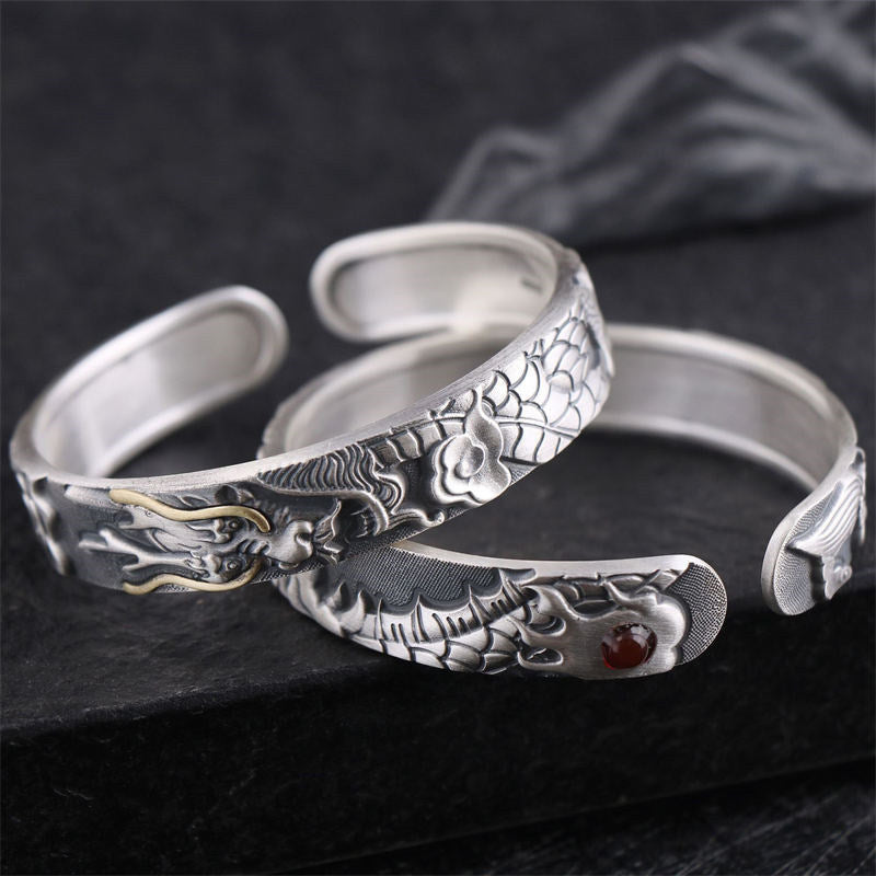 Fortune Jewel 999 Sterling Silver Dragon Strength Protection Bracelet Bangle