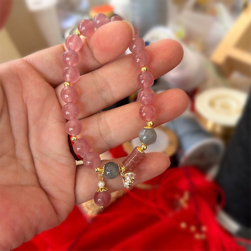 Fortune Jewel Natural Strawberry Quartz Zircon Flower Positive Charm Bracelet