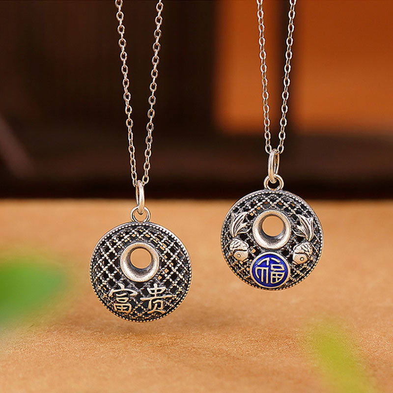 Fortune Jewel 999 Sterling Silver Koi Fish Fu Character Lotus Peace Buckle Wealth Necklace Pendant Fortune Jewel