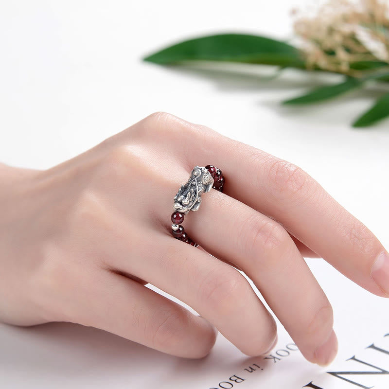 Fortune Jewel 925 Sterling Silver Natural Garnet Moonstone Red Agate PiXiu Wealth Ring