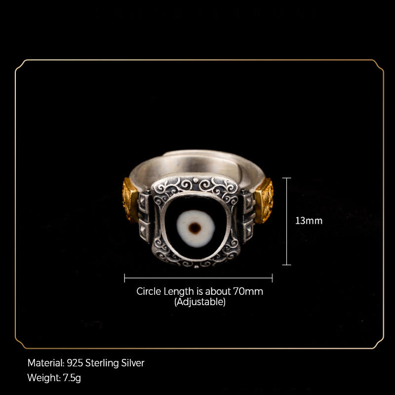 Fortune Jewel 925 Sterling Silver Zakiram Goddess of Wealth Design Dzi Bead Protection Ring