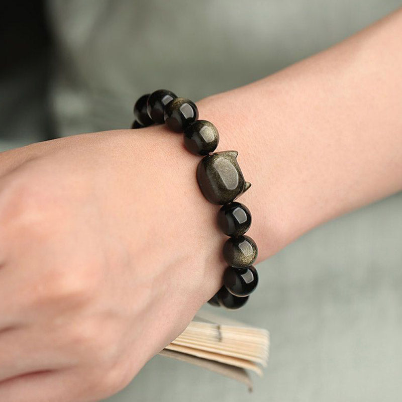 Fortune Jewel Gold Sheen Obsidian Silver Sheen Obsidian Lovely Paw Lucky Cat Protection Bracelet