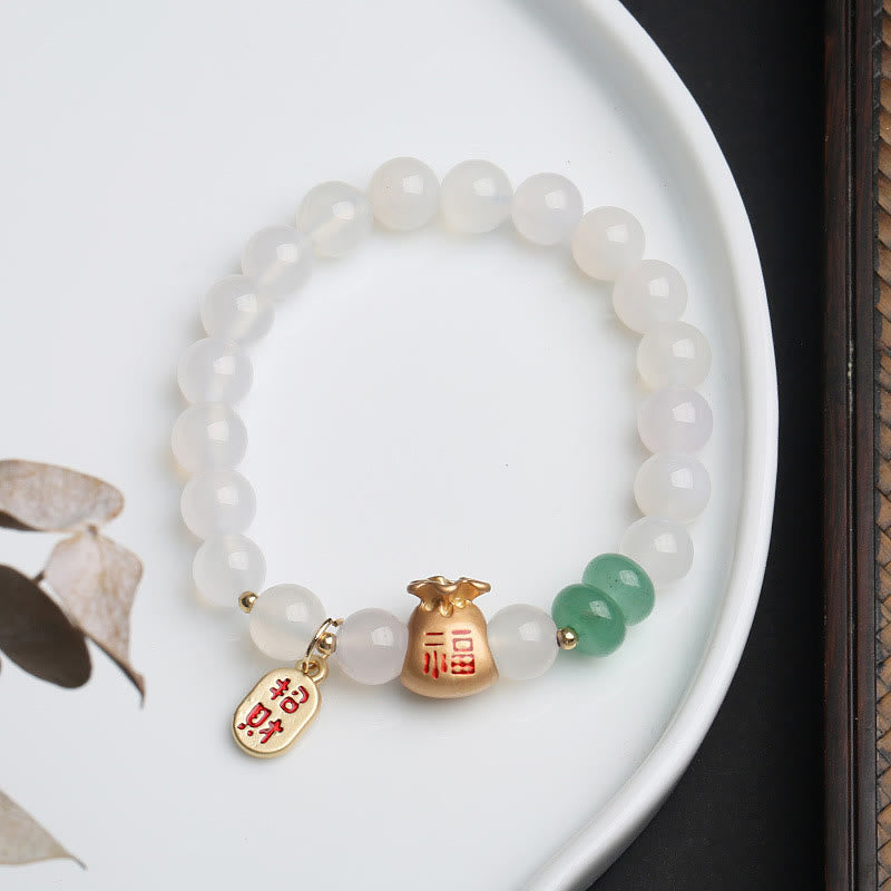 Fortune Jewel Natural White Agate Red Agate Money Bag Fu Character Four Leaf Clover Protection Bracelet