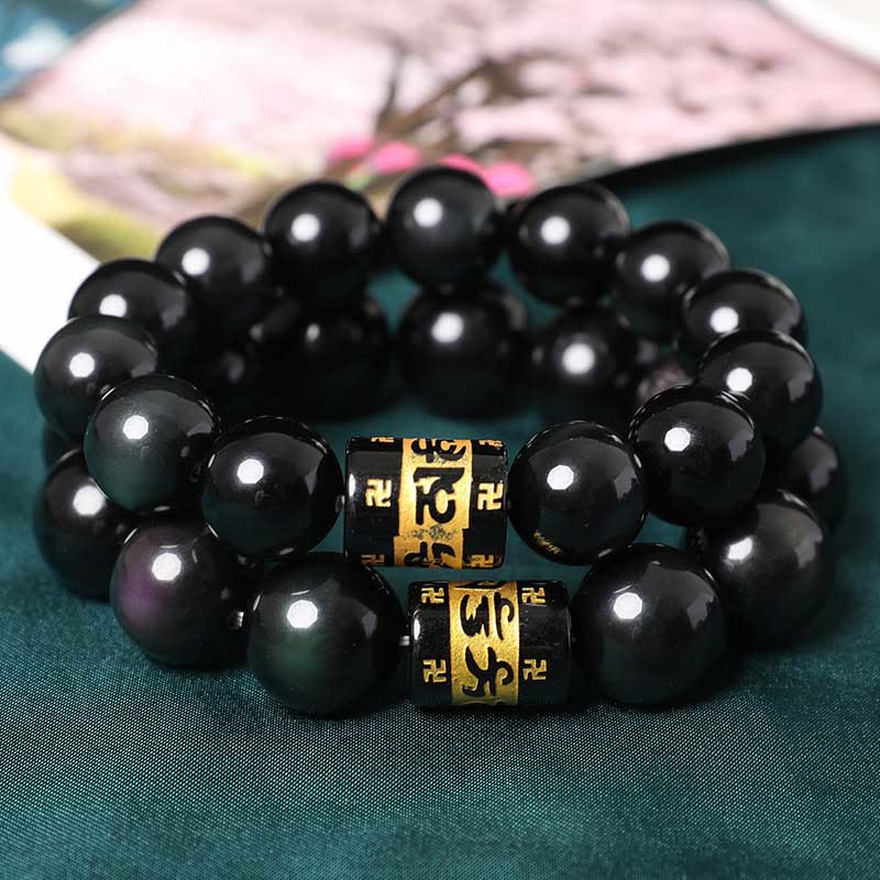 Fortune Jewel Rainbow Obsidian Om Mani Padme Hum Swastika Positive Bracelet