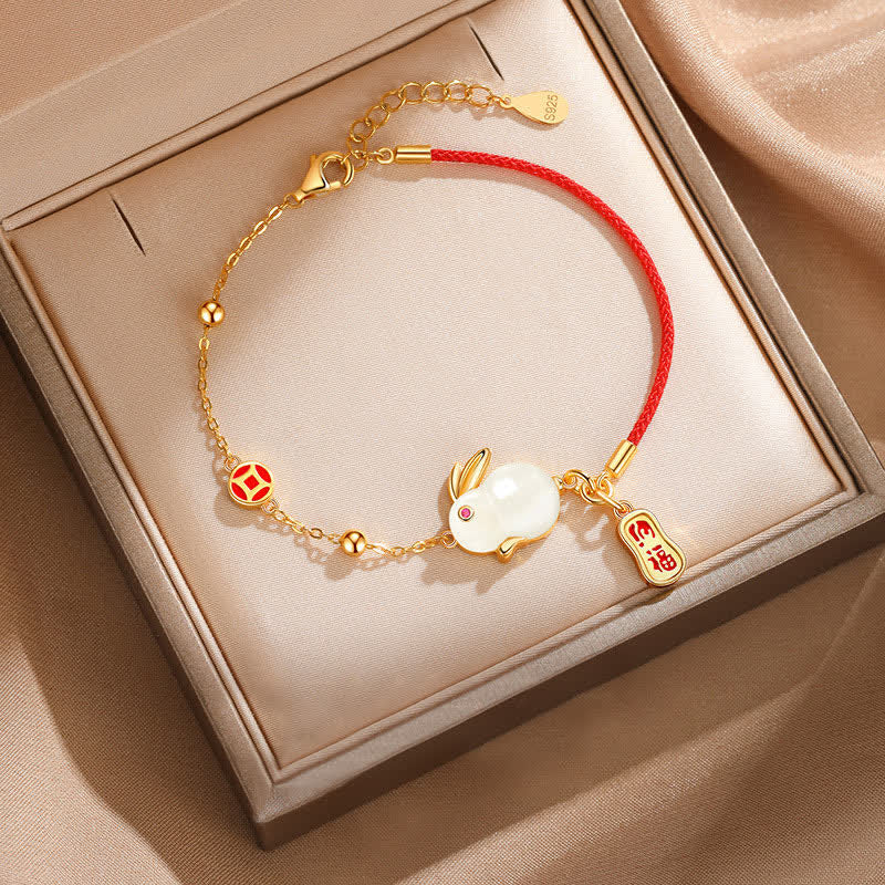 Fortune Jewel Year of the Rabbit White Jade Happiness Red String Chain Bracelet