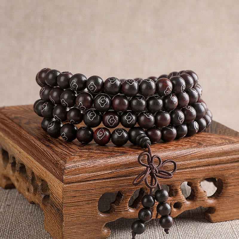Fortune Jewel 925 Sterling Silver Inlaid Small Leaf Red Sandalwood Om Mani Padme Hum Character Auspicious Clouds Protection Bracelet