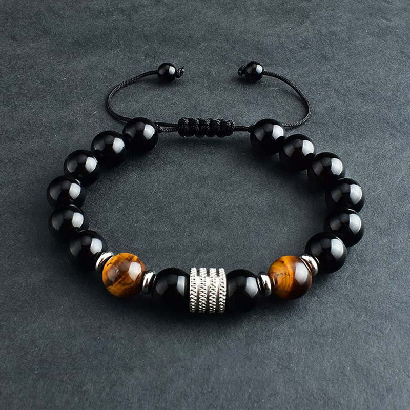 Fortune Jewel Natural Black Obsidian Tiger Eye Strength Fulfillment Bracelet