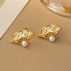 Fortune Jewel 925 Sterling Silver Posts Fan Pattern Pearl Copper Wisdom Stud Drop Earrings