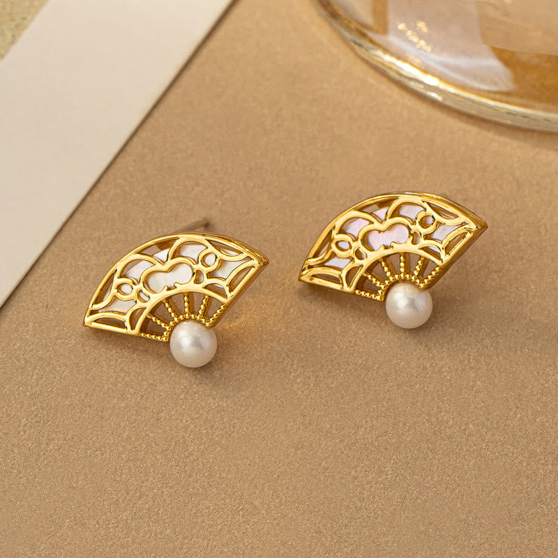 Fortune Jewel 925 Sterling Silver Posts Fan Pattern Pearl Copper Wisdom Stud Drop Earrings