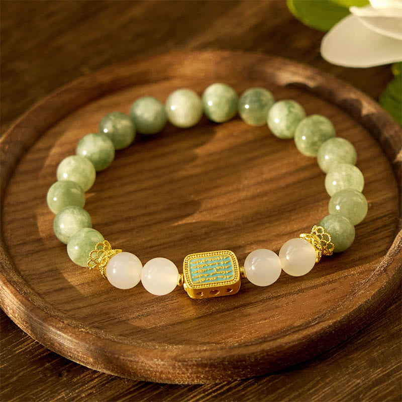Fortune Jewel Natural Green Jade White Agate Five Scriptures Abundance Bracelet