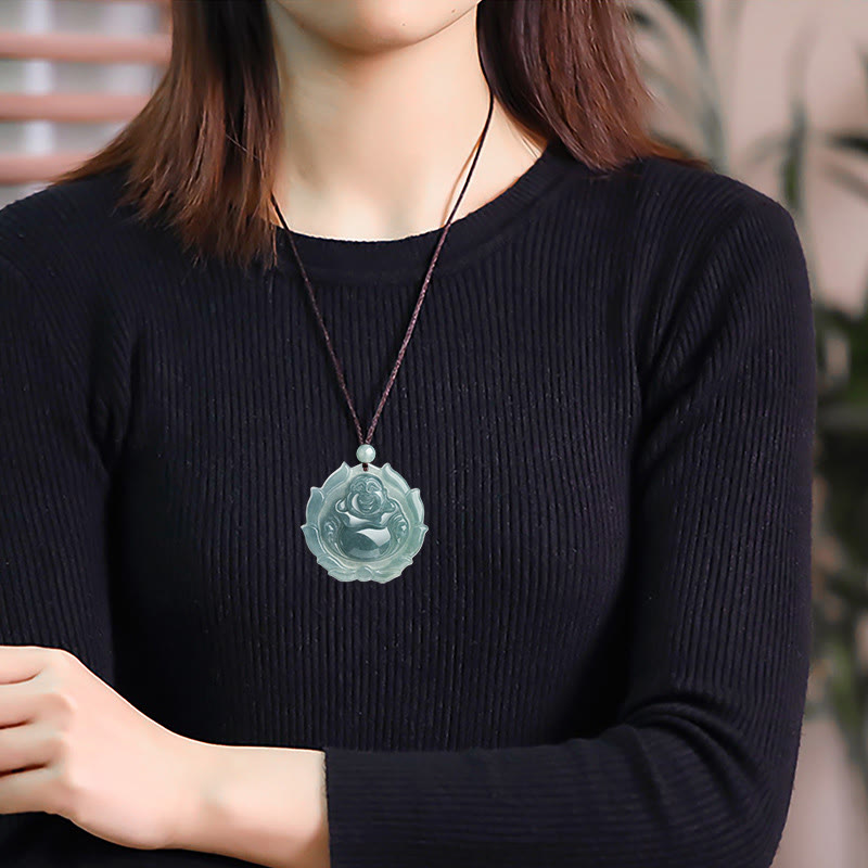 Fortune Jewel Natural Jade Laughing Buddha Lotus Pattern Luck Necklace Pendant Fortune Jewel