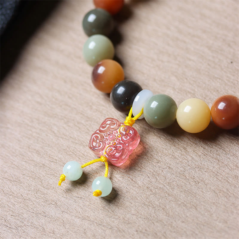 Fortune Jewel Natural Multicolored Gradient Bodhi Seed Liuli Glass Charm Peace Bracelet
