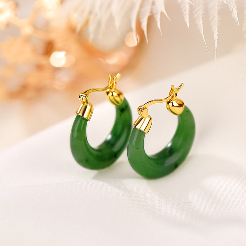 Fortune Jewel 925 Sterling Silver Plated Gold Natural Round Hetian Cyan Jade Luck Drop Earrings