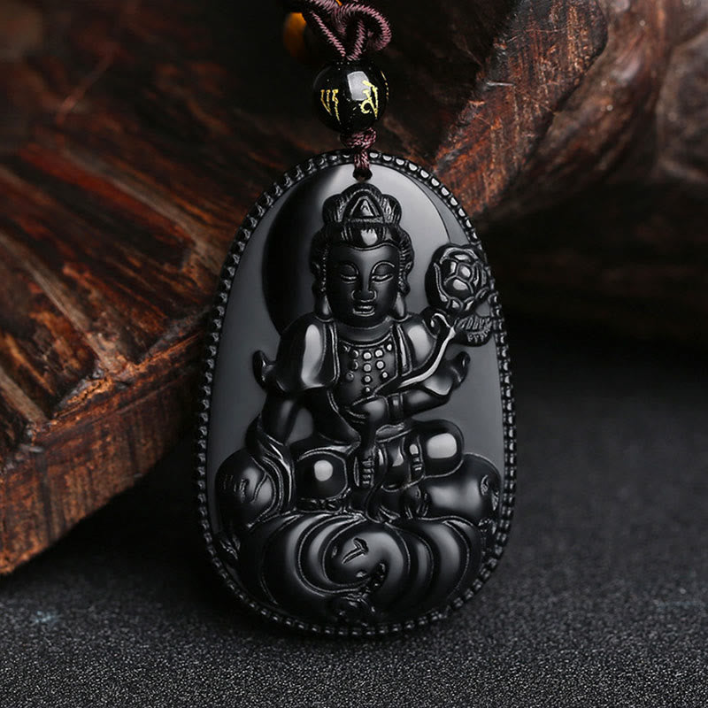 Fortune Jewel Chinese Zodiac Natal Buddha Natural Black Obsidian Purification Necklace Pendant
