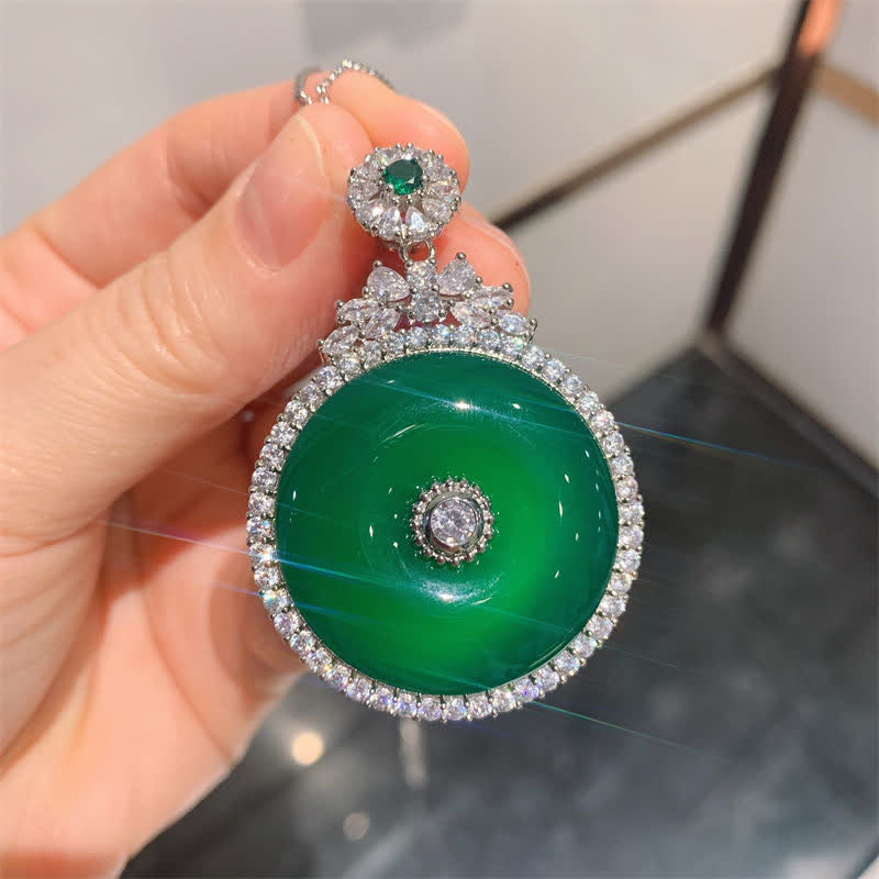 Fortune Jewel Green Chalcedony Round Peace Buckle Strength Necklace Pendant