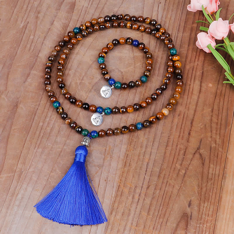 Fortune Jewel 108 Mala Beads Tiger Eye Buddha Strength Bracelet Tassel Necklace Pendant