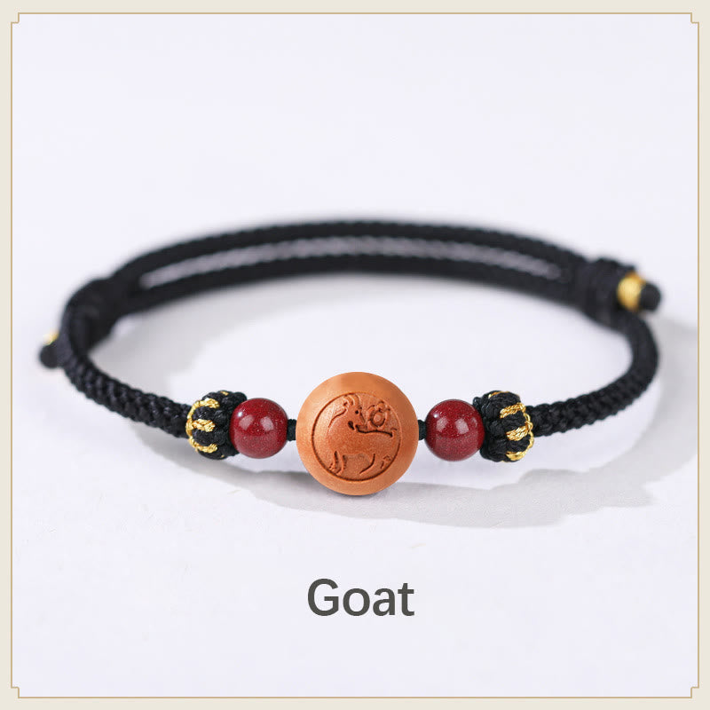 Fortune Jewel Natural Peach Wood Chinese Zodiac Fu Character Carved Cinnabar Wealth Bracelet