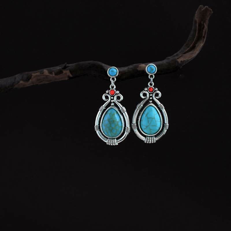 Fortune Jewel Tibet Vintage Turquoise Waterdrop Strength Drop Dangle Earrings Clips