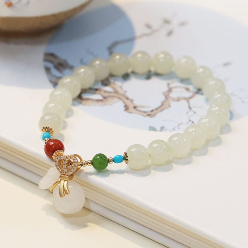 Fortune Jewel Natural Hetian White Jade 14K Gold Plated Money Bag Blessing Bracelet