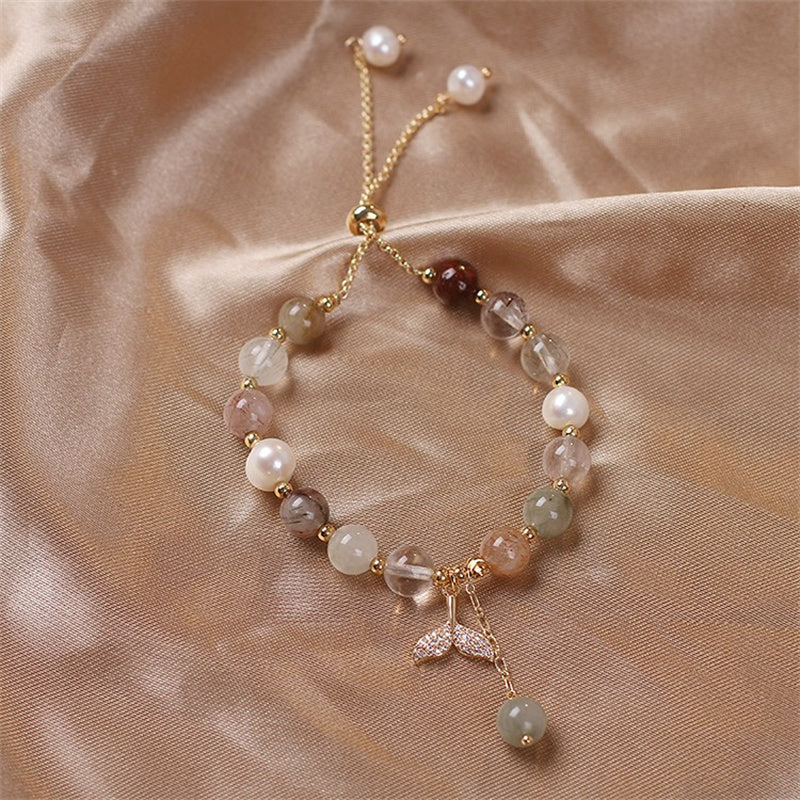 Fortune Jewel Strawberry Quartz Rutilated Quartz Fishtail Charm Healing Bracelet