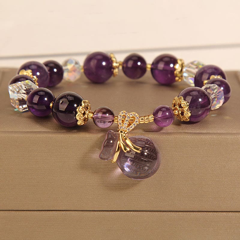 Fortune Jewel Natural Amethyst Crystal Money Bag Charm Positive Bracelet