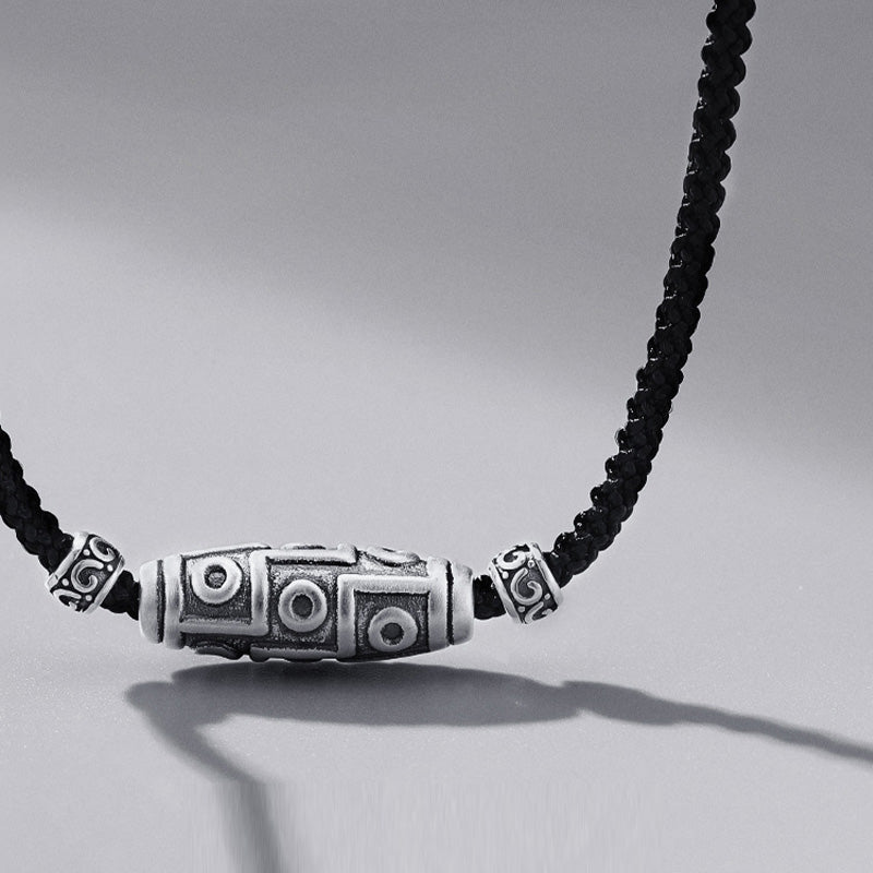 Fortune Jewel 999 Sterling Silver Nine-Eye Dzi Bead Pattern Protection Rope Necklace Pendant