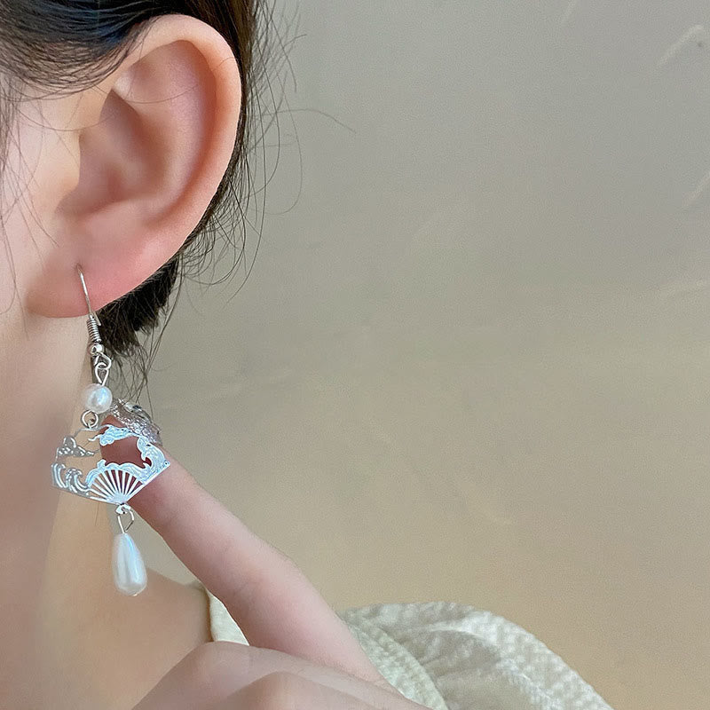 Fortune Jewel Copper Fan Auspicious Clouds Pearl Healing Drop Earrings