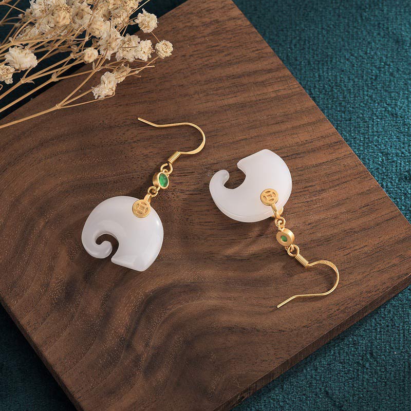 Fortune Jewel FengShui Elephant White Jade Fortune Earrings