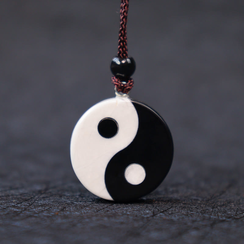 Fortune Jewel Natural Black Obsidian White Turquoise Yin Yang Fulfilment Strength Necklace Pendant