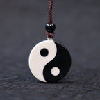 Fortune Jewel Natural Black Obsidian White Turquoise Yin Yang Fulfilment Strength Necklace Pendant