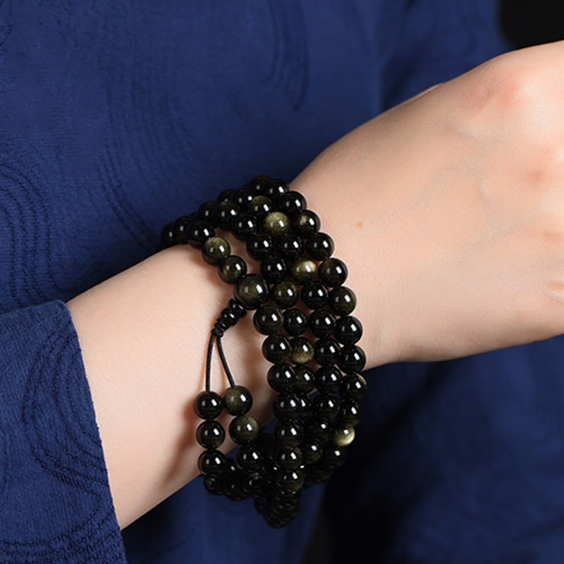 Fortune Jewel 108 Mala Beads Natural Gold Sheen Obsidian Wealth Bracelet
