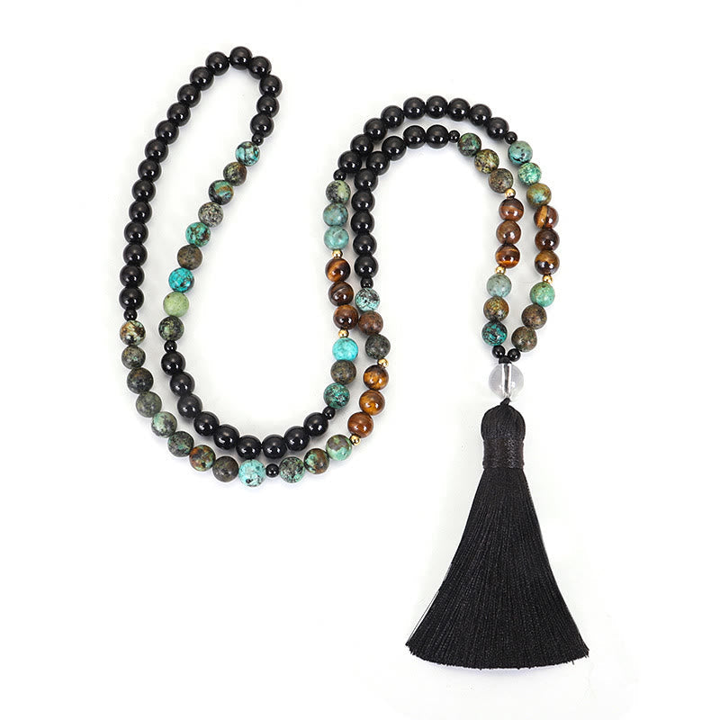 Fortune Jewel 108 Mala Beads Natural Stone Tiger Eye Turquoise Protection Strength Bracelet Necklace
