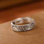 Fortune Jewel 999 Sterling Silver Lotus Flower Plum Blossom Auspicious Clouds Engraved Enlightenment Ring Fortune Jewel