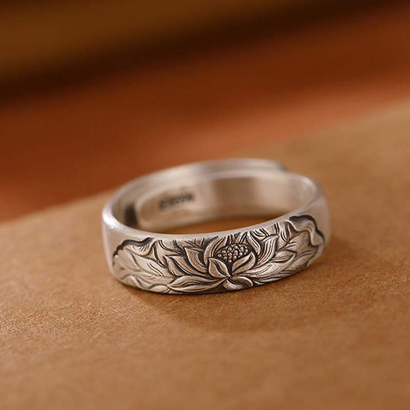 Fortune Jewel 999 Sterling Silver Lotus Flower Plum Blossom Auspicious Clouds Engraved Enlightenment Ring Fortune Jewel