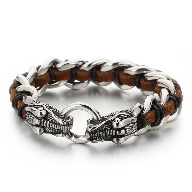 Fortune Jewel Dragon Leather Titanium Steel Protection Luck Braided Bracelet Fortune Jewel