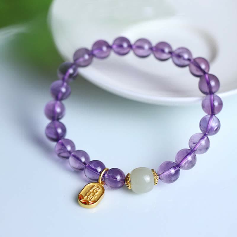 Fortune Jewel Natural Amethyst Crystal Hetian Jade Healing Charm Bracelet