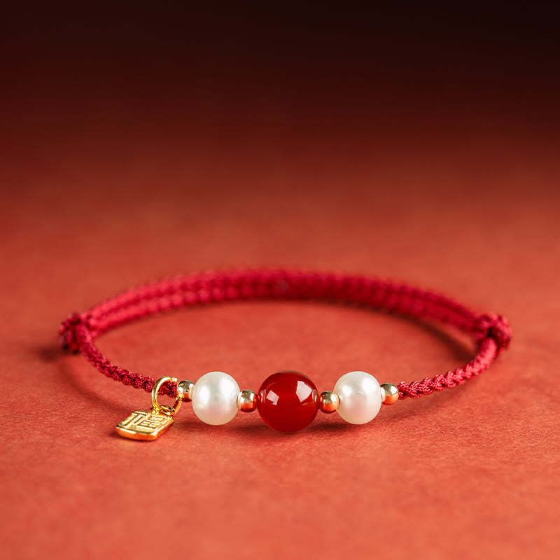 Fortune Jewel 925 Sterling Silver Good Fortune Fu Character Agate Pearl Red String Braid Bracelet