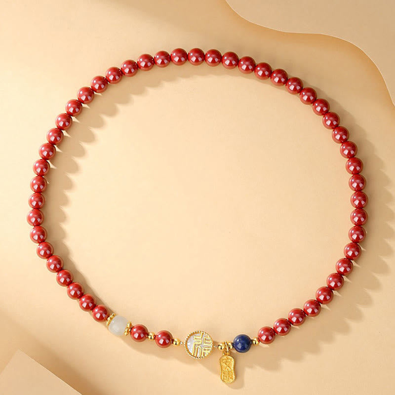 Fortune Jewel 925 Sterling Silver Cinnabar Tridacna Stone Fu Character Double Wrap Blessing Bracelet