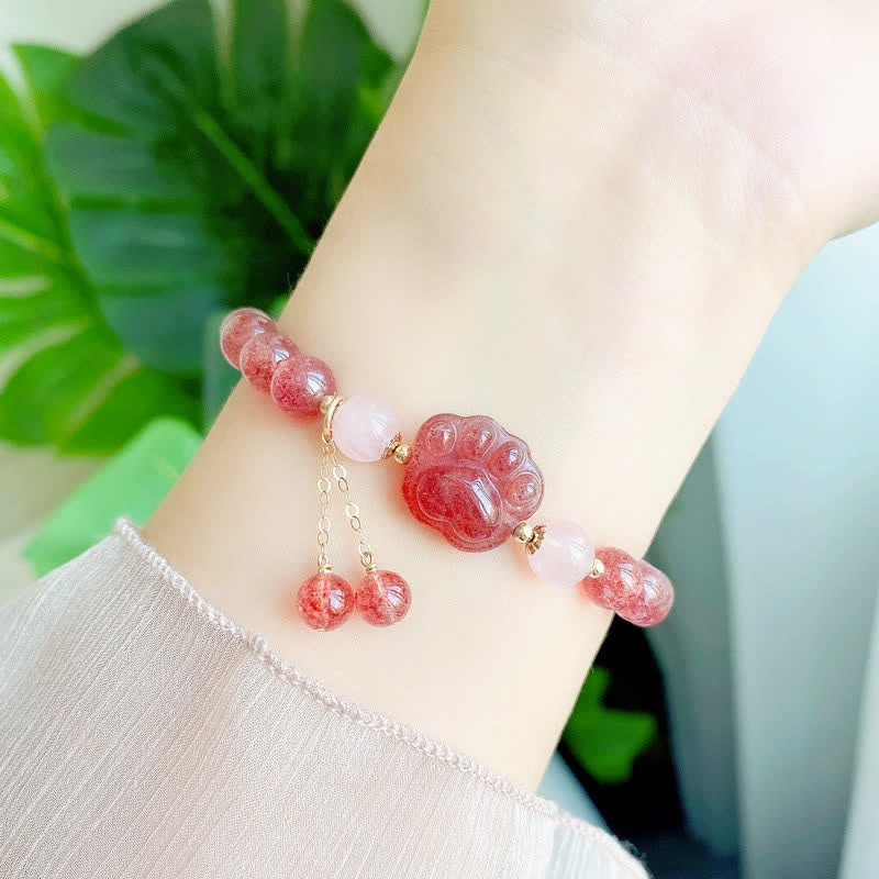 Fortune Jewel Natural Strawberry Quartz Pink Crystal Lucky Cat Paw Love Bracelet