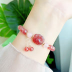 Fortune Jewel Natural Strawberry Quartz Pink Crystal Lucky Cat Paw Love Bracelet